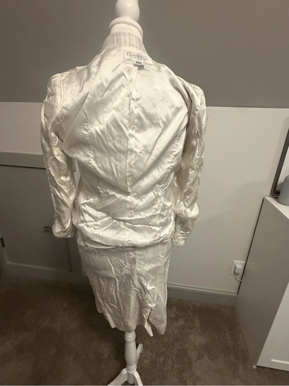 Christian Dior Vintage Petites Skirt Suit Set White Textured Striped Blazer Sz2